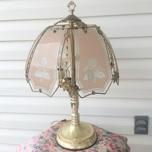 ✨RARE!Vintage Antique Gold Pastel Pink Rose Glass Shades 3 Bulbs Table Lamp